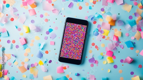 Digital birthday invitation displayed on smartphone screen with colorful confetti background.