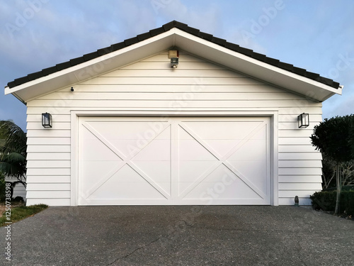 Modern White Garage with Double Doors with Black Tile Roof - Residential Exterior photo
