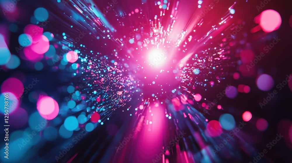Fototapeta premium Radiant light bursts with particles and beams in purple and blue, signifying technological innovation. Ideal for tech, data, and future focused marketing.