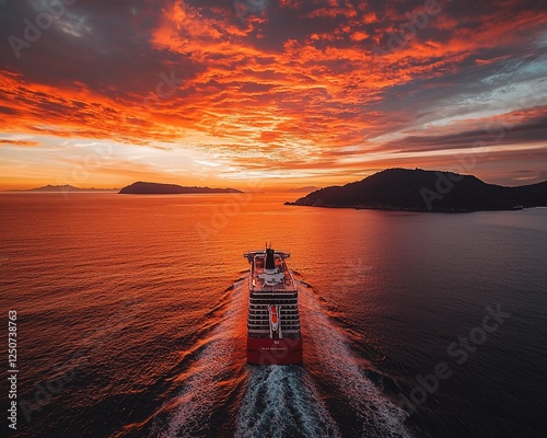Cruise ship at sunset over water;  Island landscape in background;  Aerial view;  Travel/Vacation image photo