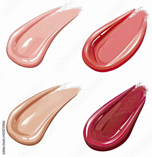 Exploring a variety of pink, red, and beige lipgloss swatches on a clean white background