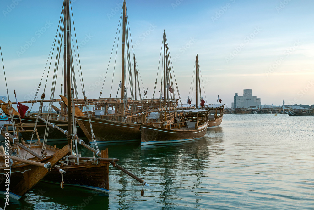 Fototapeta premium Dhows moored off Museum Park in central Doha, Qatar, Arabia, with some of the buildings from the city's commercial port in the background.