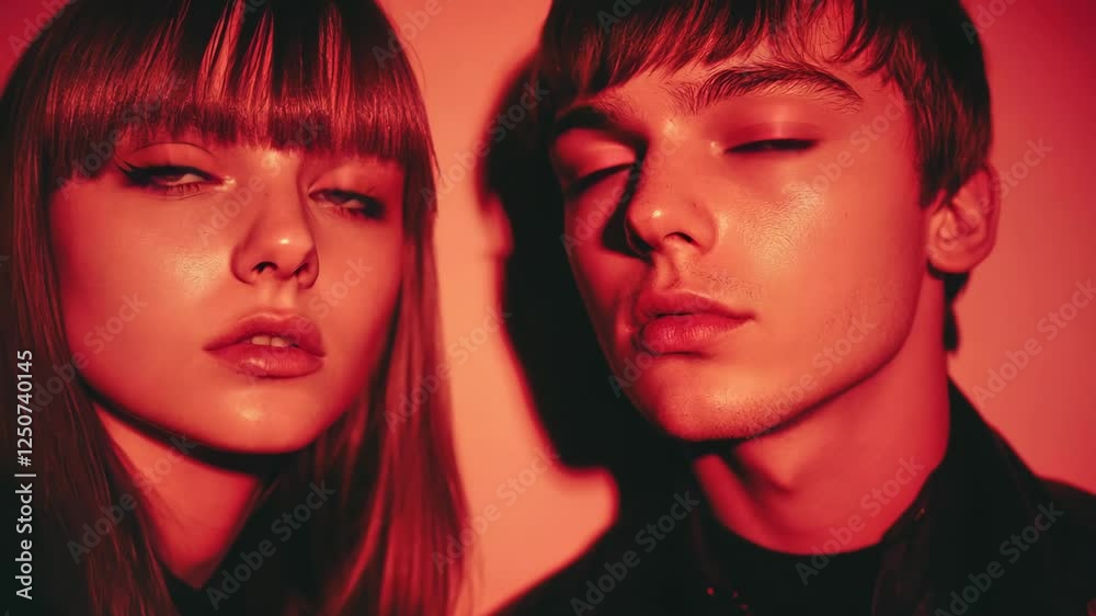 Portrait of two young models with intense expressions under red lighting in an artistic studio setting Portrait of two young models with intense expressions under red lighting in an artistic studio setting