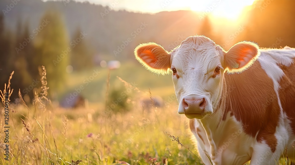 Charming young brown and white calf looking at the camera in a sunlit green pasture during golden hour : Generative AI Charming young brown and white calf looking at the camera in a sunlit green pasture during golden hour : Generative AI