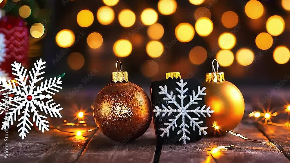 Golden and bronze christmas baubles, white snowflakes and a string of fairy lights create a magical festive scene on a rustic wooden table, with warm bokeh lights in the background