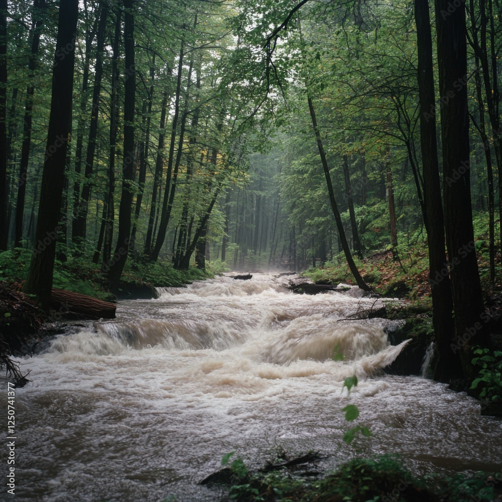 Obraz premium Flowing River Through Dense Forest with Mist and Greenery