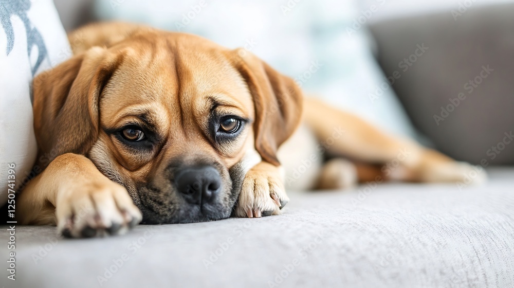 Closeup of a relaxed dog resting on a couch exuding comfort and warmth in a cozy home setting : Generative AI Closeup of a relaxed dog resting on a couch exuding comfort and warmth in a cozy home setting : Generative AI