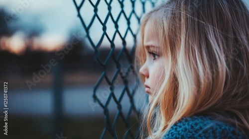 Sad little girl gazing thoughtfully through a chain link fence capturing emotions and innocence : Generative AI photo