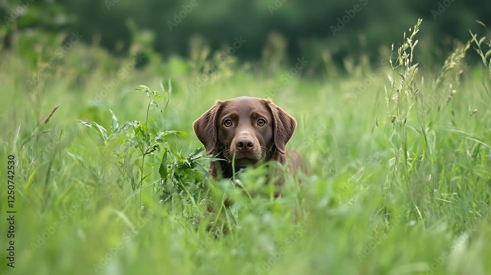 Friendly chocolate lab dog sitting in lush green grass with curious eyes looking forward : Generative AI Friendly chocolate lab dog sitting in lush green grass with curious eyes looking forward : Generative AI