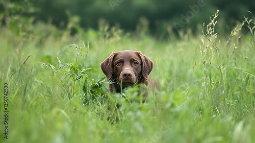 Friendly chocolate lab dog sitting in lush green grass with curious eyes looking forward : Generative AI photo