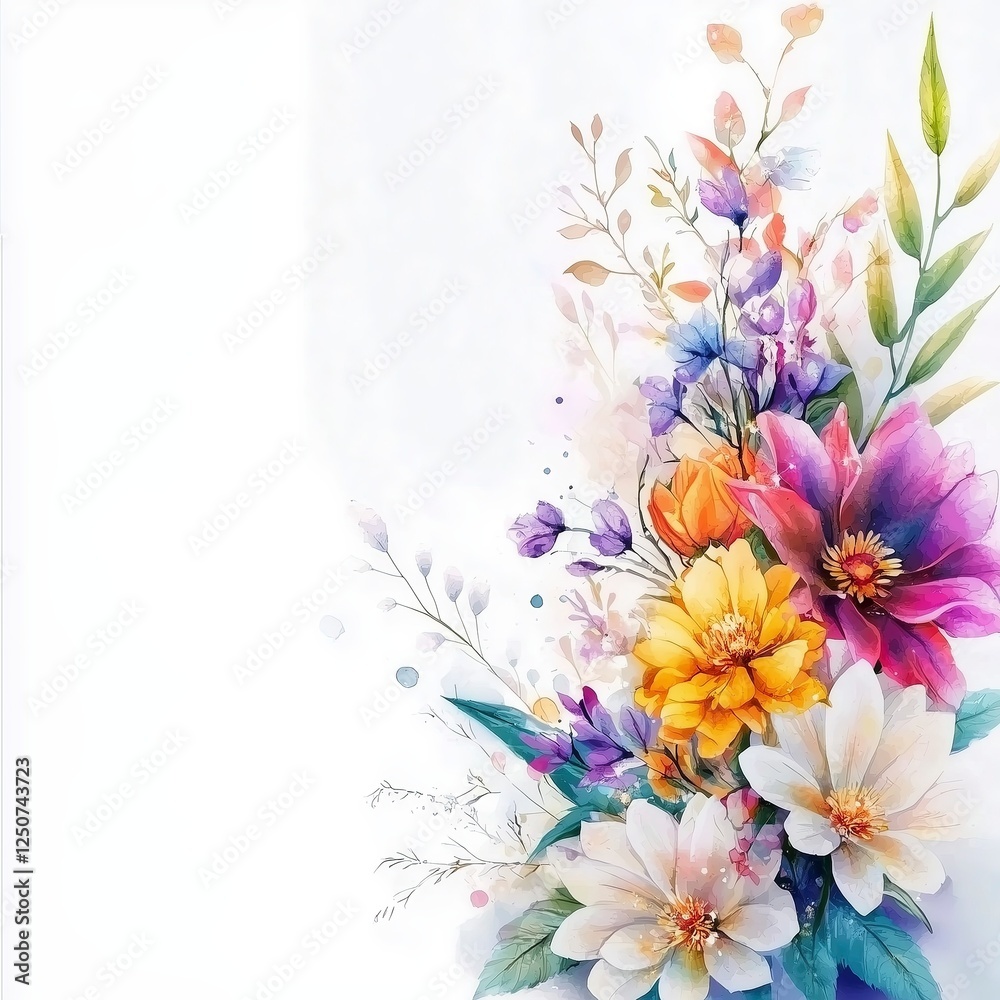 Obraz premium Vibrant watercolor floral arrangement with a mix of colorful blossoms and greenery against a light background.