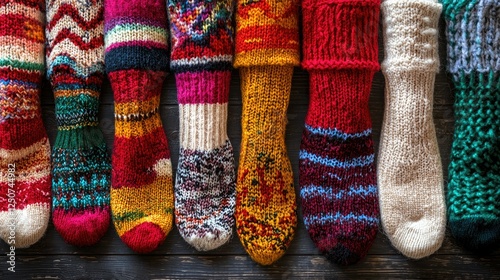 Colorful Handknit Socks Displayed on Wooden Background for Winter photo