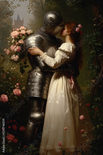 Knight in armor with a maiden, surrounded by roses..