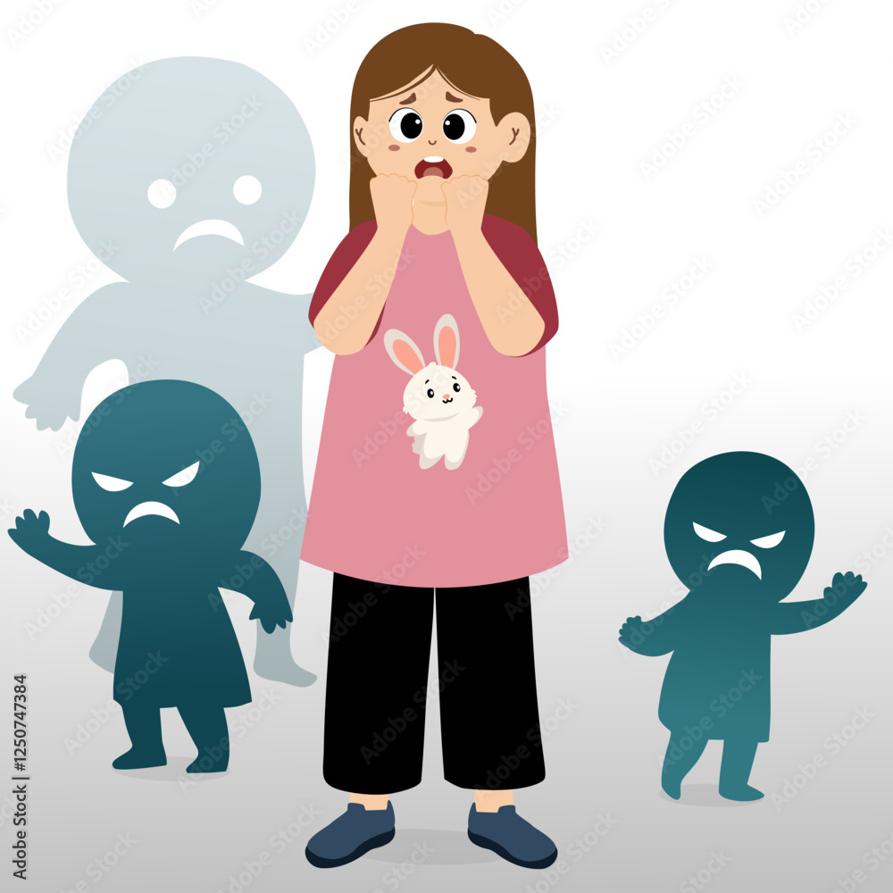 Concept of children's fears. Scared child cartoon character standing with ghost shadow. Depressed childern crying, and covering his face, suffers from bullying. Stop violence Concept. Vector Concept of children's fears. Scared child cartoon character standing with ghost shadow. Depressed childern crying, and covering his face, suffers from bullying. Stop violence Concept. Vector