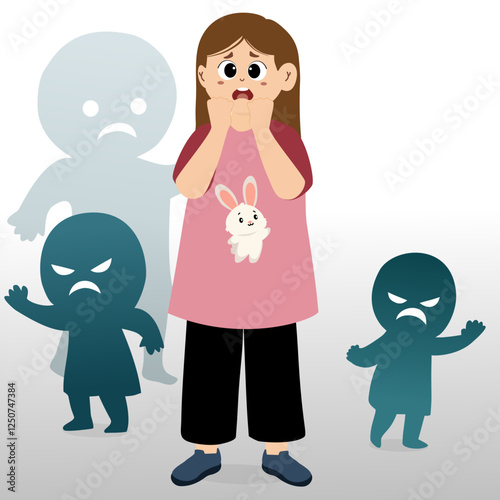 Concept of children's fears. Scared child cartoon character standing with ghost shadow. Depressed childern crying, and covering his face, suffers from bullying. Stop violence Concept. Vector