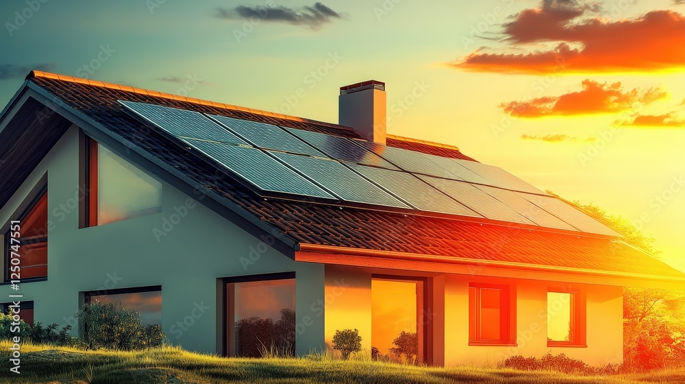 Modern Home with Solar Panels Under a Vibrant Sunset Sky Modern Home with Solar Panels Under a Vibrant Sunset Sky