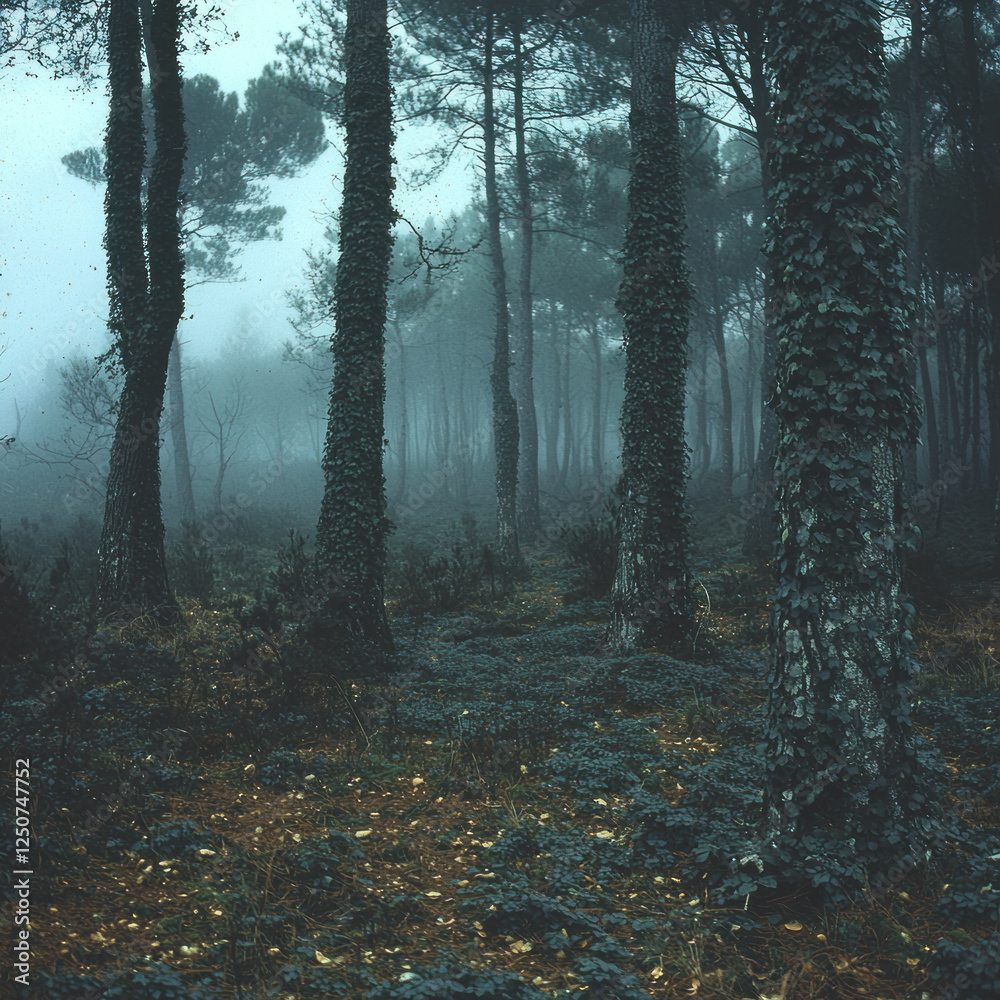 Fototapeta premium Misty forest path with ivy-covered trees, ideal for mysterious or nature-themed projects