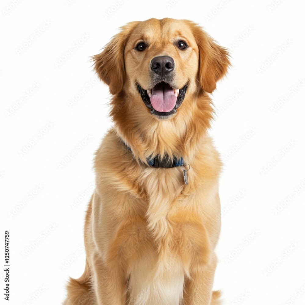Happy sitting and panting Golden retriever dog looking at camera, Isolated on white
Happy sitting and panting Golden retriever dog looking at camera, Isolated on white