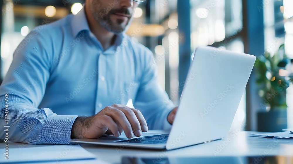 Focused Professional Working on Laptop in a Modern Office with Natural Light : Generative AI Focused Professional Working on Laptop in a Modern Office with Natural Light : Generative AI