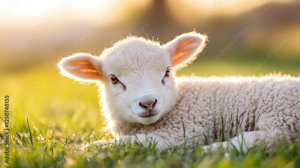 Obraz premium Adorable Lamb Lying in Green Grass with Bright Sunlight Creating a Warm Atmosphere : Generative AI