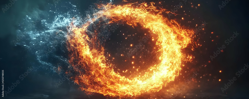 Fototapeta premium Fiery ring, ice backdrop, digital art