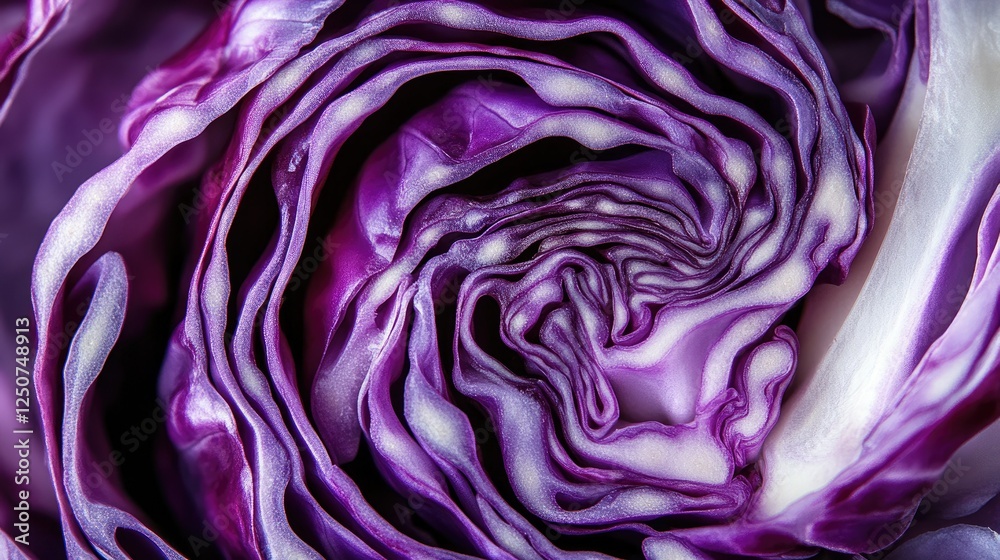 Obraz premium A stunning close-up of a freshly cut purple cabbage, showcasing its intricate swirling layers.