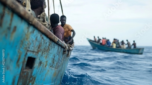 A View of Overcrowded Boats at Sea with Migrants During a Difficult Journey Across the Waters : Generative AI photo