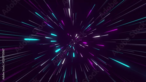 Futuristic neon light zoom burst with streaks racing into infinity. A dynamic, high-energy background for sci-fi, tech, and digital themes.