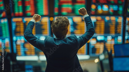 Excited Businessman raises hands and punches air while celebrating successful deal. Stock exchange manager happy after investment day. photo