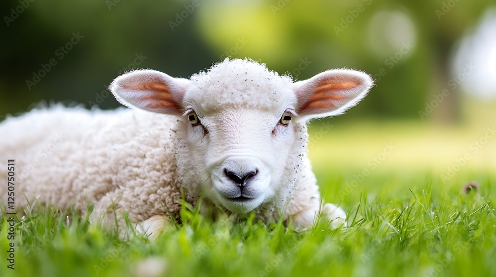 Adorable Young Lamb Laying on Fresh Grass in Sunlit Farm Environment : Generative AI Adorable Young Lamb Laying on Fresh Grass in Sunlit Farm Environment : Generative AI
