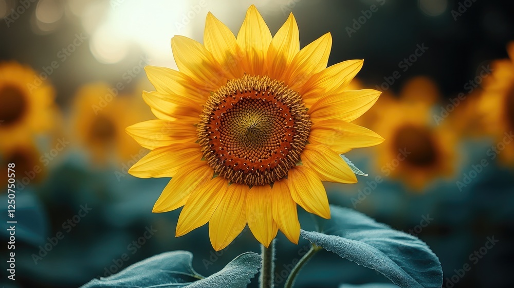 Naklejka premium Here's a description for your photo stock image: A vibrant sunflower in full bloom, petals radiant yellow, stands in a field. Perfect for illustrating themes of summer, nature, and optimism.