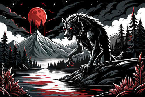 Werewolf Howling Under a Blood Moon – Dark Fantasy Art Deco Vector Illustration