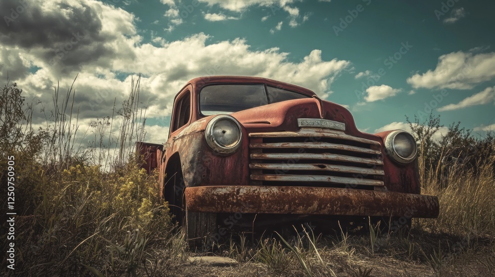 Abandoned Rusty Truck in Overgrown Field Under Blue Sky Abandoned Rusty Truck in Overgrown Field Under Blue Sky