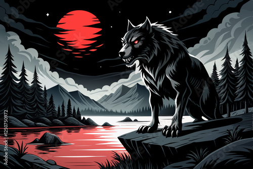 Werewolf Howling Under a Blood Moon – Dark Fantasy Art Deco Vector Illustration