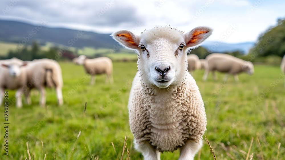 Curious sheep standing in a lush green field surrounded by other sheep on a cloudy day : Generative AI Curious sheep standing in a lush green field surrounded by other sheep on a cloudy day : Generative AI