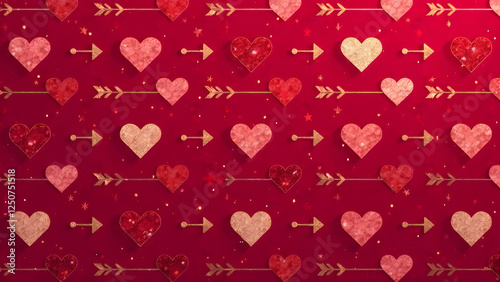 A photo featuring geometric hearts, arrows, and circles symmetrically arranged on a deep crimson background, accented with metallic gold and silver details