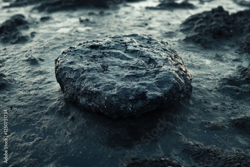 A meteorite resting in a shallow impact depression, its journey from space ending dramatically on Earth's surface photo