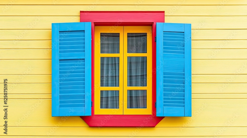 A vibrant window with bold blue shutters, a sunny yellow frame, and striking red accents, inviting a touch of charm. A vibrant window with bold blue shutters, a sunny yellow frame, and striking red accents, inviting a touch of charm.