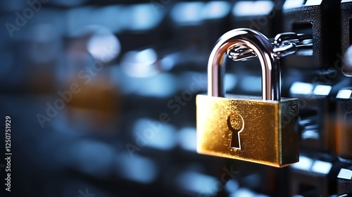 Close up of a shiny gold padlock secured to a modern vault door symbolizing security and protection : Generative AI