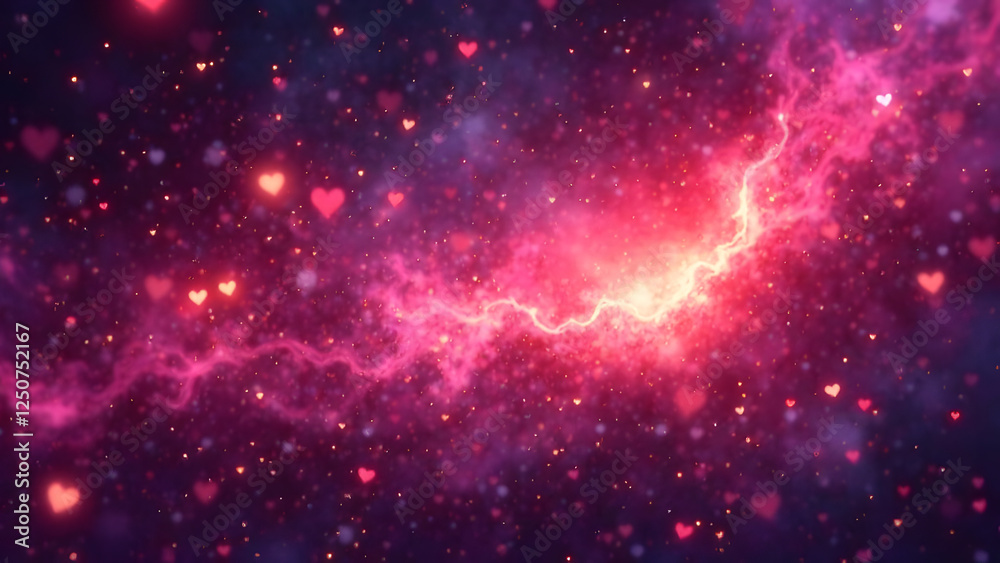 Fototapeta premium Hearts and stars shine amidst a swirling galaxy of pink, purple, and gold tones, creating a magical, otherworldly photo with a romantic touch