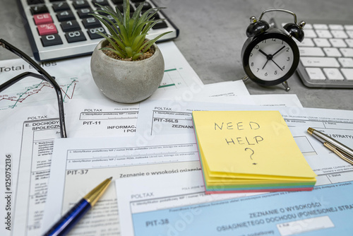 Pit 38 37 form, annual tax return with pen calculator on desk. Time for tax