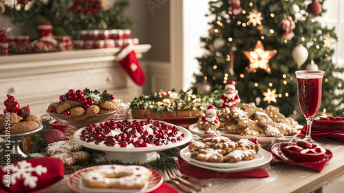 Wallpaper Mural Christmas holiday dinner greeting poster with Xmas dessert. Cookie, fruit pudding and gingerbread man, mulled wine, cake and sweet bread banner, framed with Xmas tree, holly, snowflake and star Torontodigital.ca