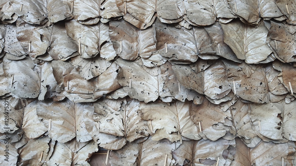 Texture of wall made of brown dry leaves. Dry leaf wall of a cottage in rural Thailand, dark brown in color. Side view. Texture of wall made of brown dry leaves. Dry leaf wall of a cottage in rural Thailand, dark brown in color. Side view.