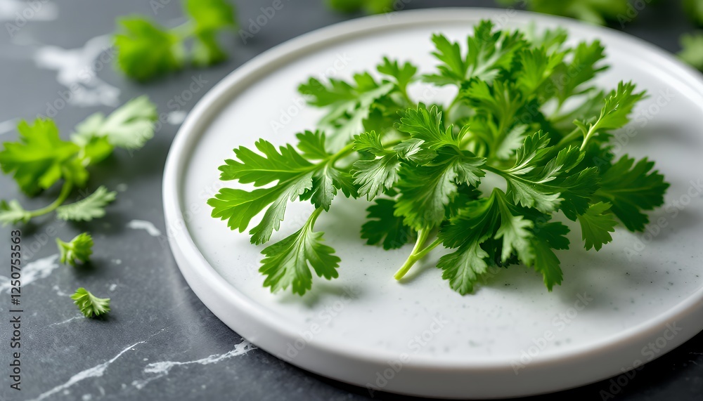 Fresh Parsley Sprigs on White Plate Close-up Culinary Herb Ingredient Fresh Parsley Sprigs on White Plate Close-up Culinary Herb Ingredient