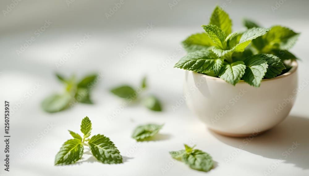 Fresh Mint Leaves in Bowl with Scattered Leaves on White Surface Fresh Mint Leaves in Bowl with Scattered Leaves on White Surface