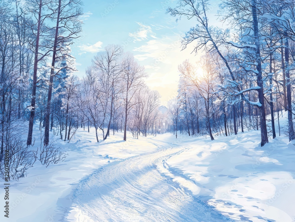 Fototapeta premium Tranquil winter landscape serene forest pathway nature photography snowy environment long shot twilight serenity