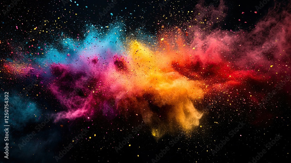Bright and colorful Holi splashes on a deep black background, creating a dynamic and festive celebration vibe.