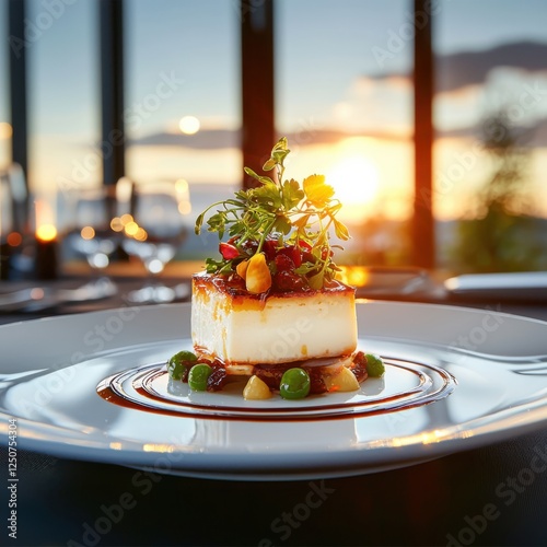 Culinary masterpiece presentation rooftop restaurant gourmet dish photography sunset views artistic arrangement fine dining experience photo