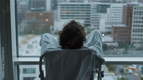 Person in Hospital Gown Relaxing and Gazing Out at Cityscape from Window : Generative AI photo