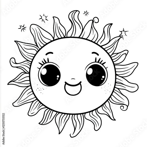 Adorable Kawaii Sun Coloring Book Page Simple Illustration for Kids photo